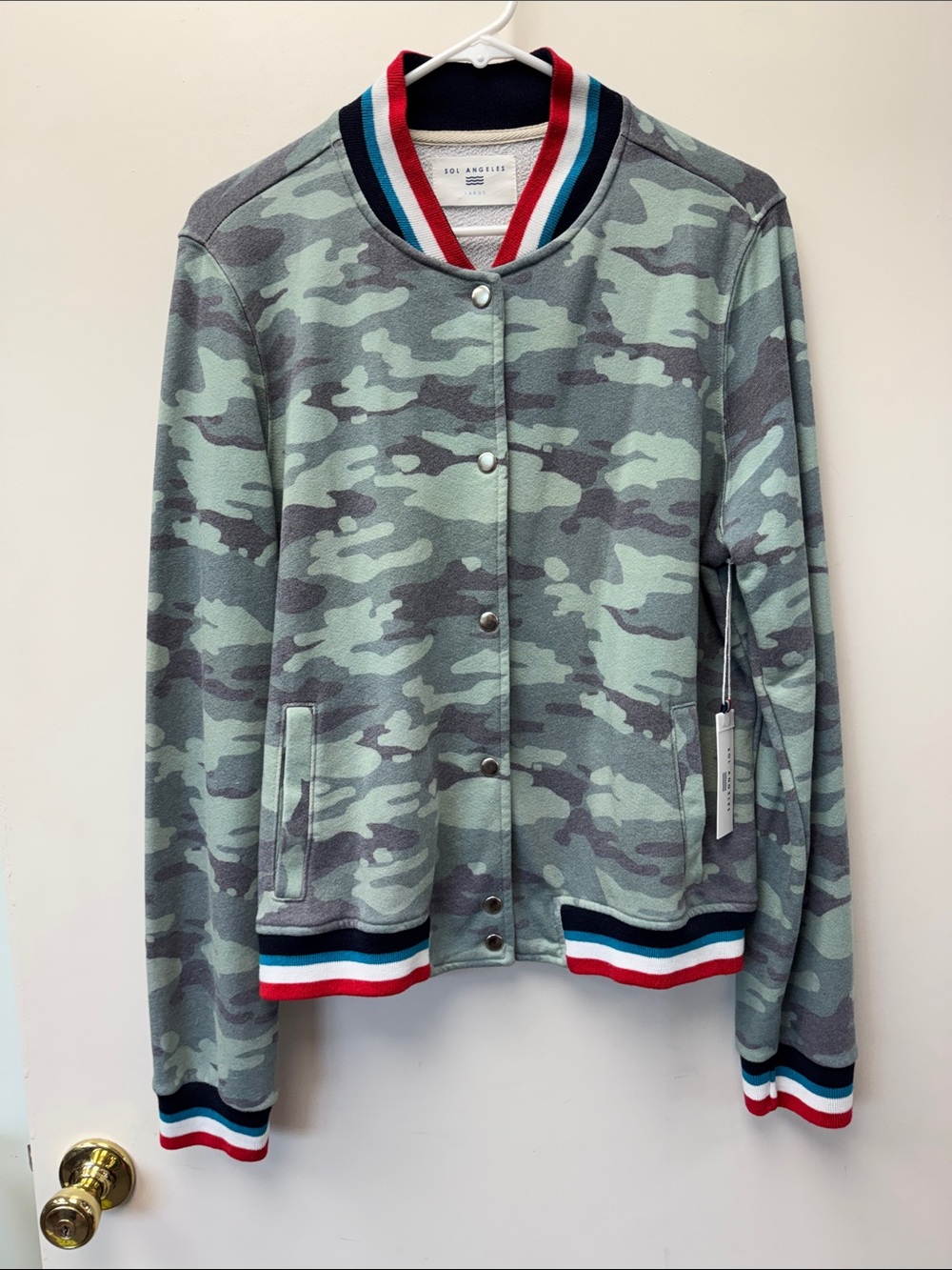 Sol Angeles Mint & Gray Camo Snap-Front Bomber with Striped Rib